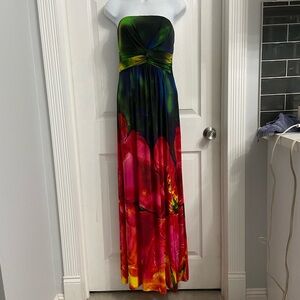 Klessman Maxi Dress Size Medium Blue Red Floral Tropical Strapless Pull On